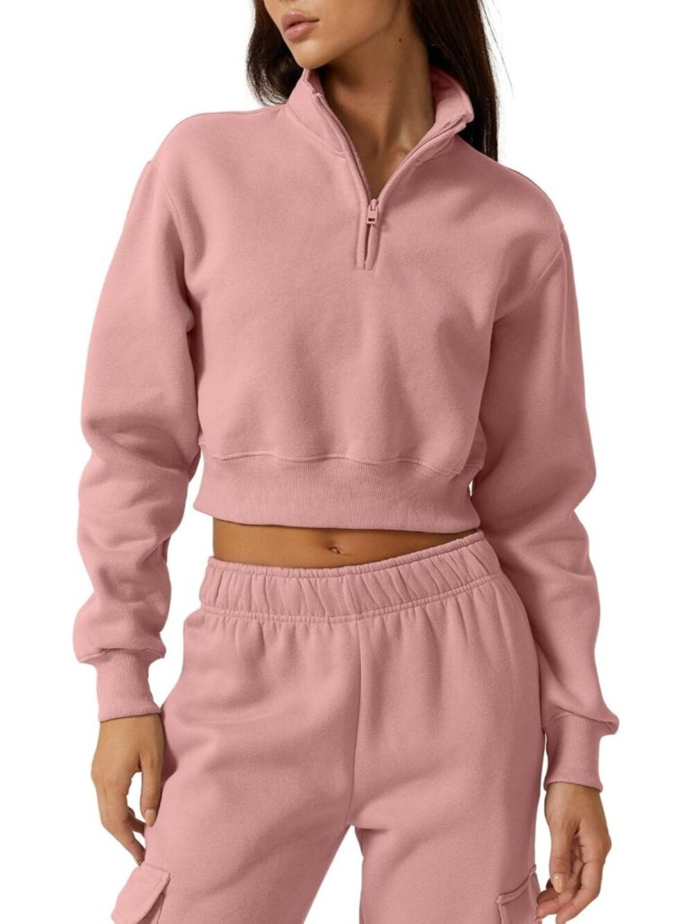 Women’s Peach Skin High Neck Long Sleeve Cropped Half ZIP Top Sweatshirt